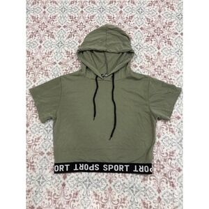 C-Mode Olive Green Short Sleeve Cropped Hoodie Sport Elastic Waist TS1006 Large